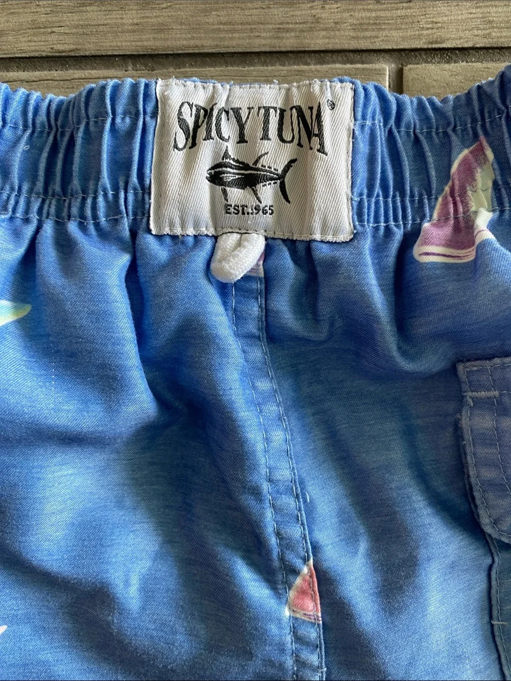 Spicy Tuna Boys Swim Trunks - Blue with shark fin graphics